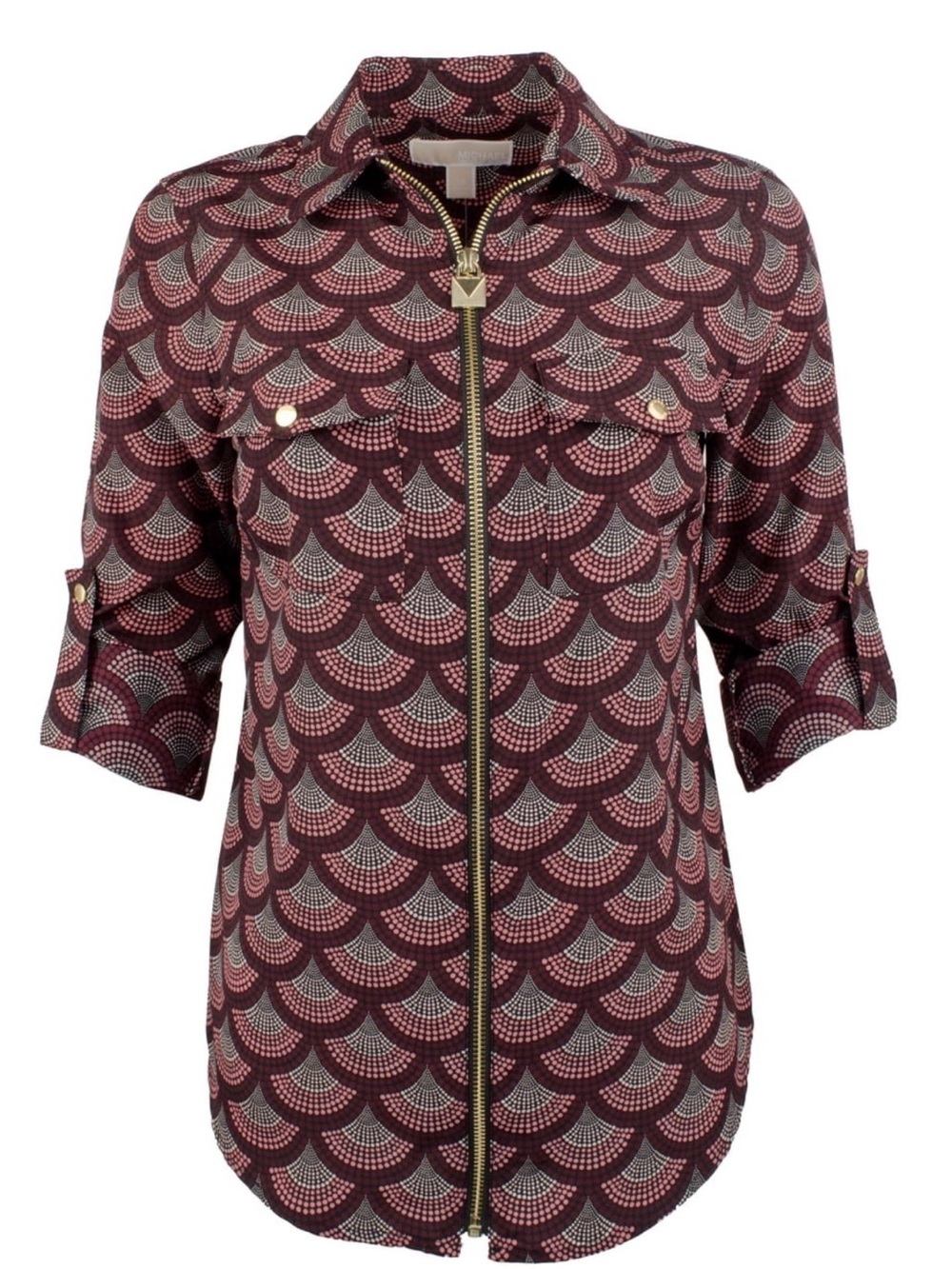 Michael Kors Womens Burgundy Zip-Front Shirt top blouse adjustable sleeves XL